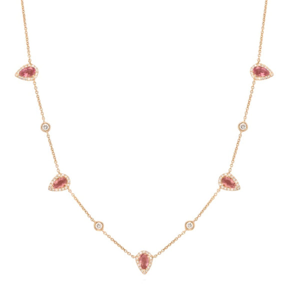 14K Yellow Gold Pink Tourmaline & Diamond Station Necklace