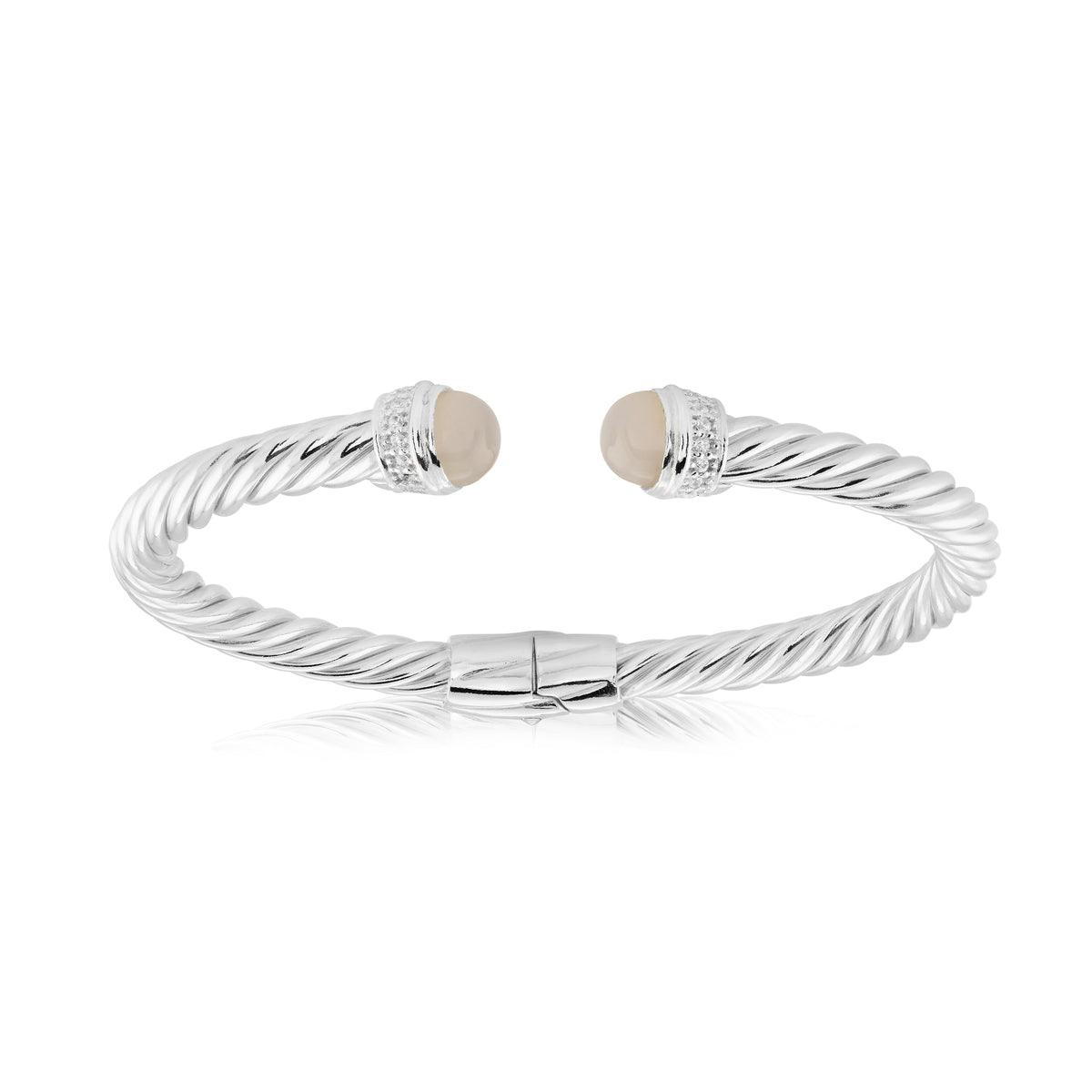 Moonstone Hinged Twist Bangle in White by Miss Mimi