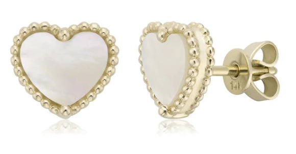 14K Yellow Gold Heart-Shaped Mother of Pearl Stud Earrings by Miss Mimi