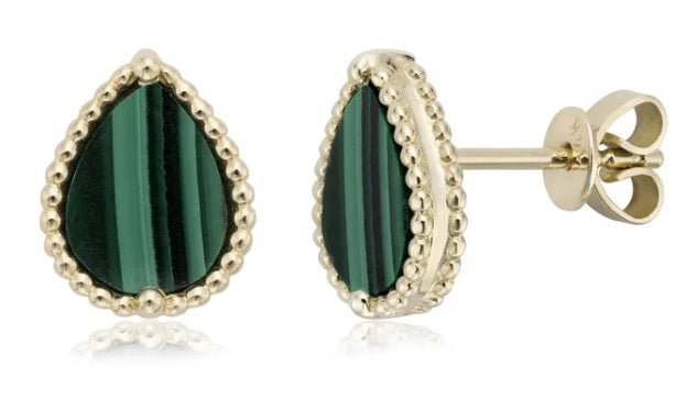 14K Yellow Gold Pear-Shaped Green Malachite Stud Earrings by Miss Mimi