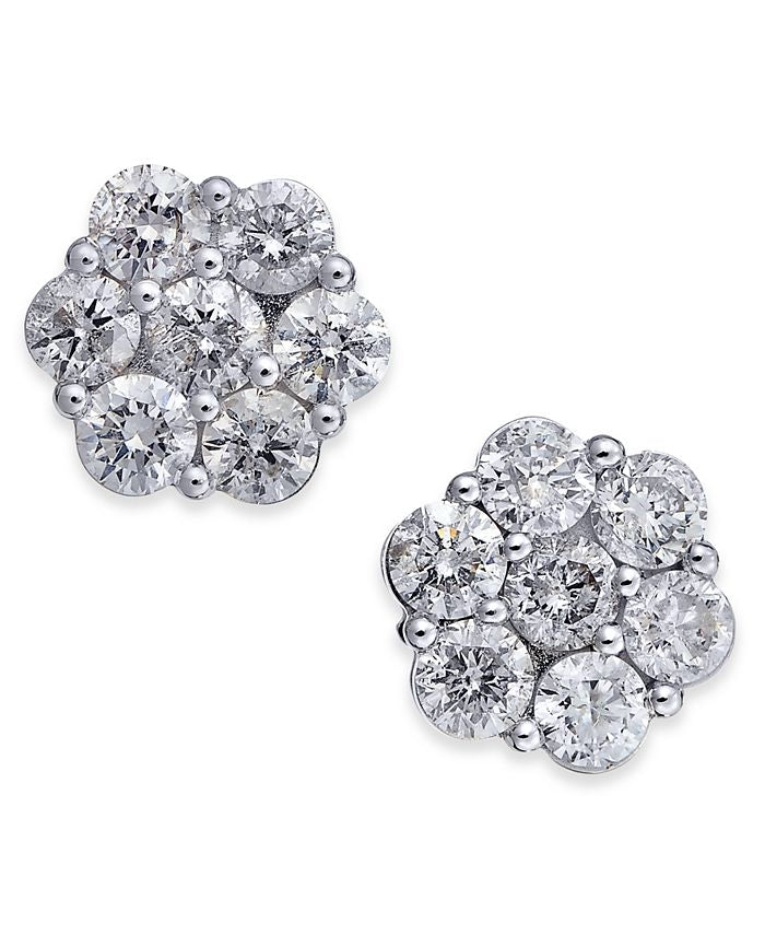 14K White Gold 1.07CT Diamond Cluster Stud Earrings