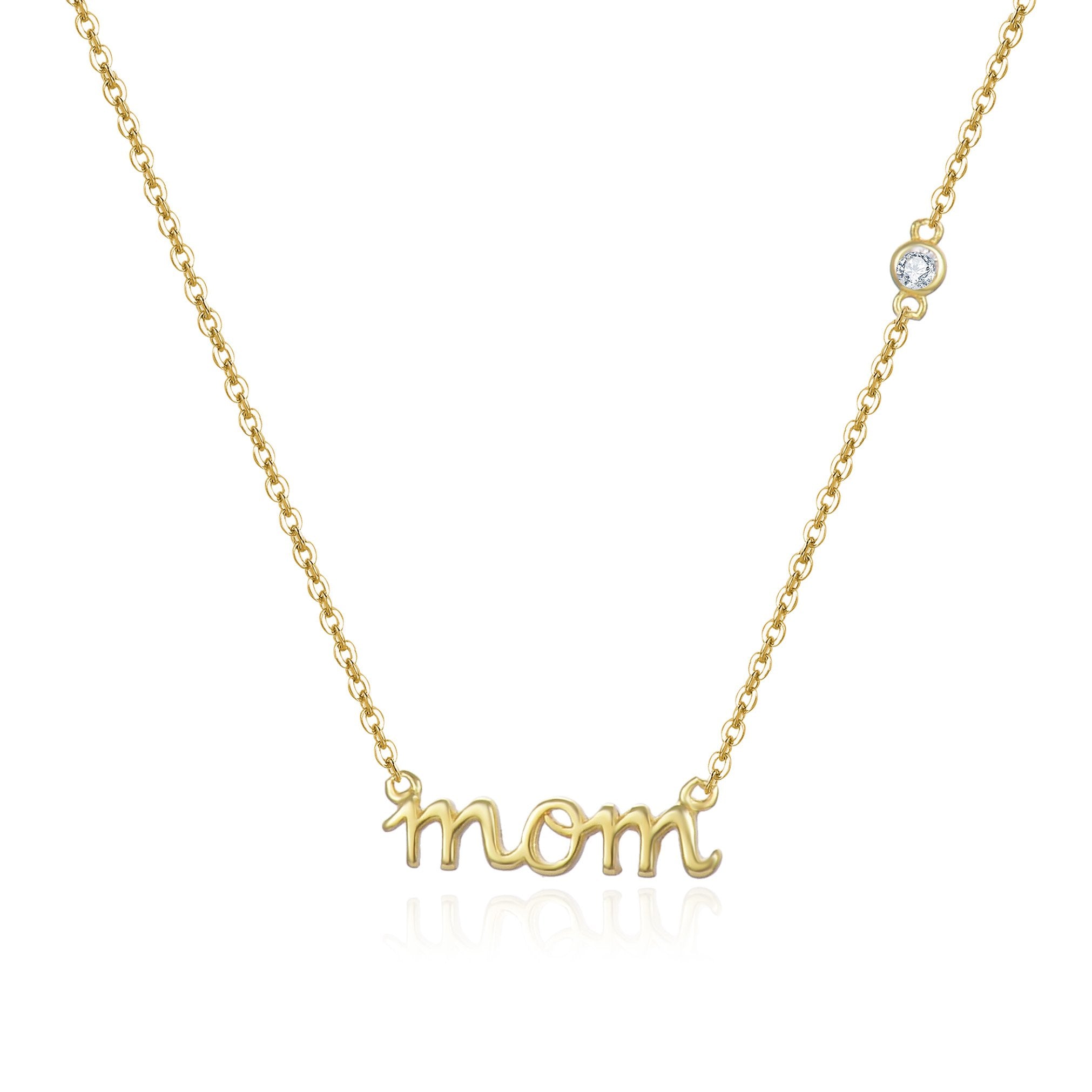 Gold Plated Sterling Silver Mom Necklace with Cubic Zirconia Accent