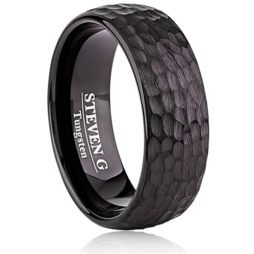 8mm Wide Black Tungsten Hammered Finish Ring