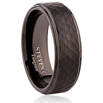 IP Black Plated Tungsten Hammered Ring with Step Edge