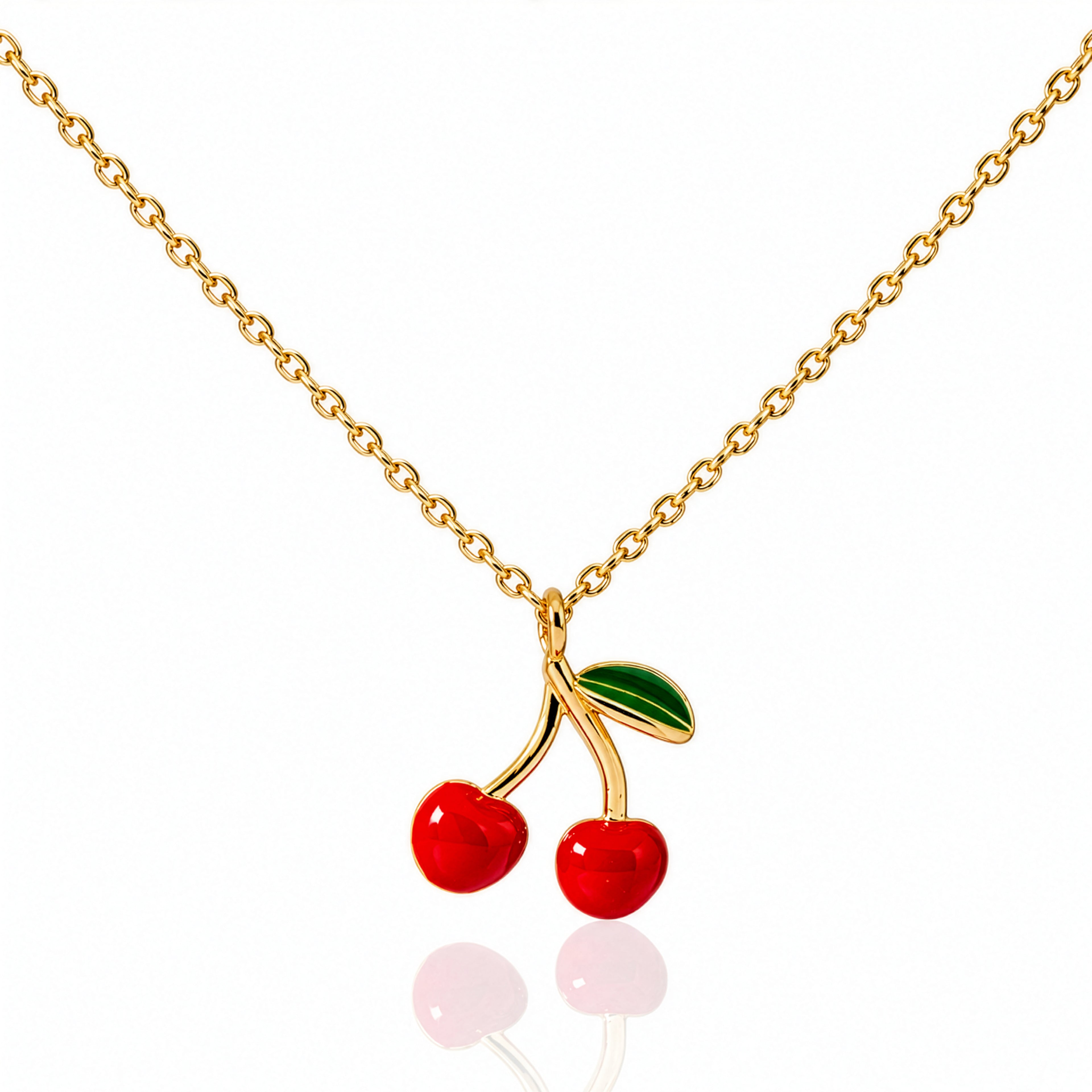 Gold Plated Brass Red Epoxy Cherries Necklace