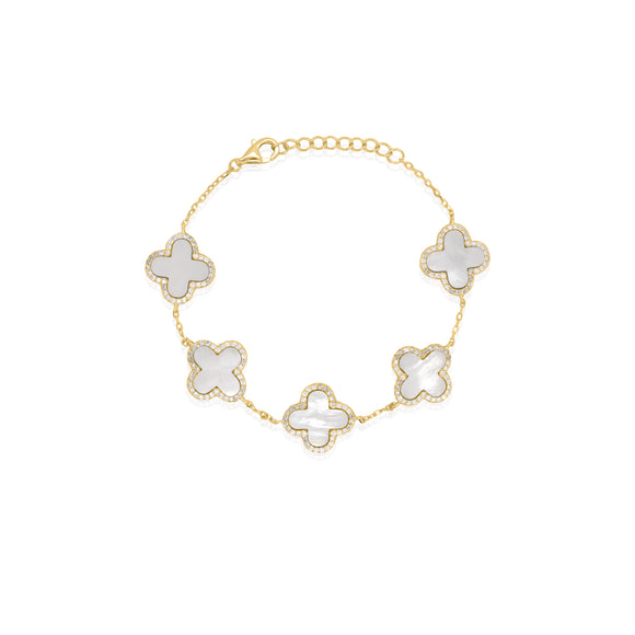 Sterling Silver Gold Plated Designer Inspired Mother of Pearl Clover Bracelet