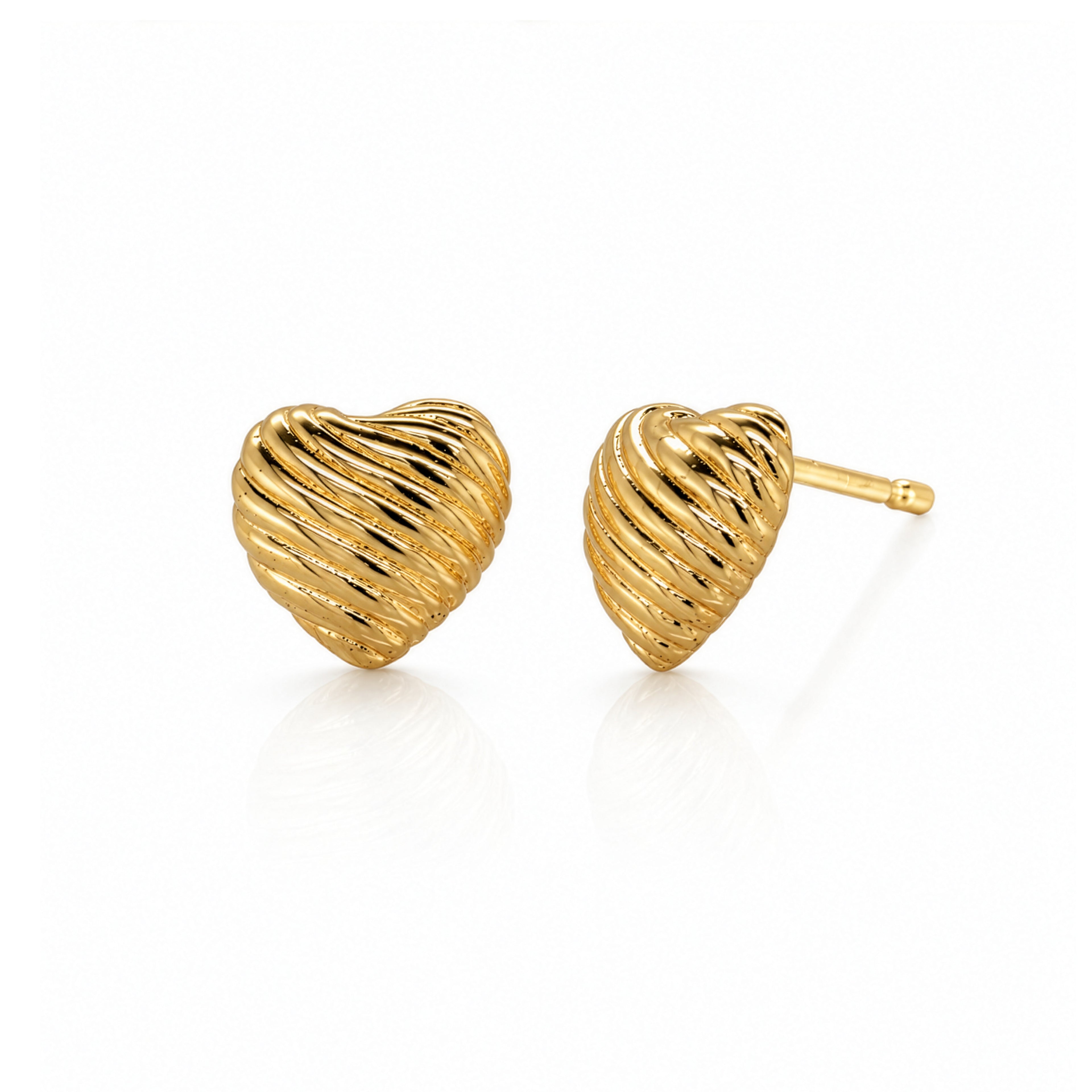 10K Yellow Gold Ribbed Heart Studs
