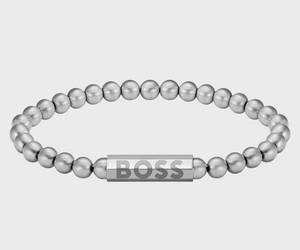 Stainless Steel Beaded Cuff with Logo Closure by Hugo Boss
