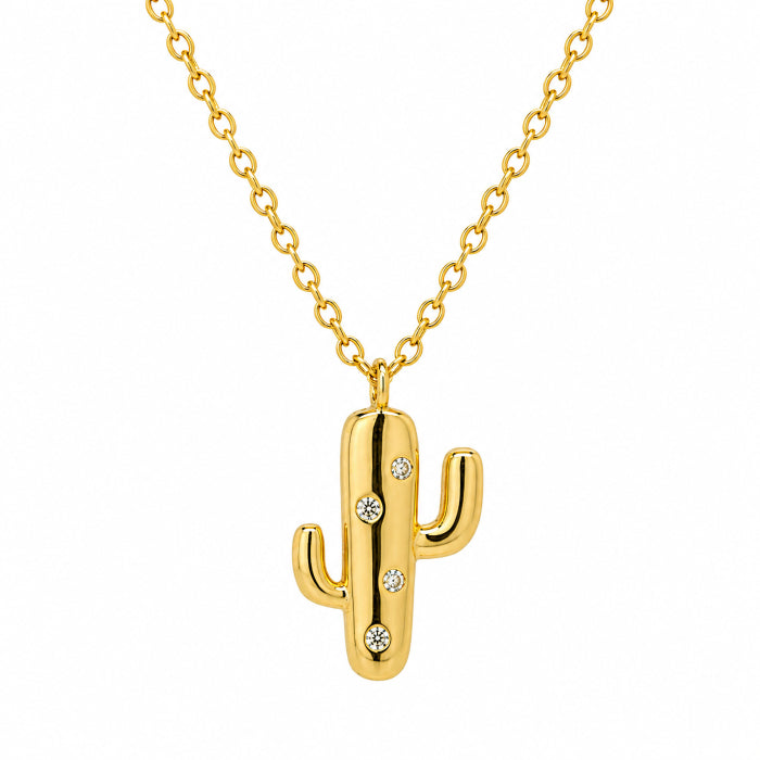 Gold Plated Sterling Silver Cactus Charm Necklace with Cubic Zirconia