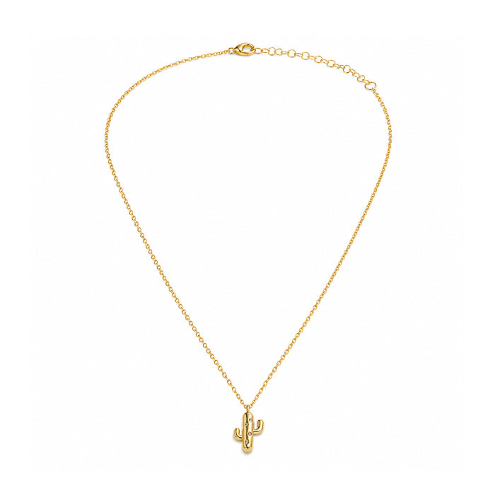 Gold Plated Sterling Silver Cactus Charm Necklace with Cubic Zirconia