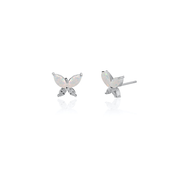 Sterling Silver White Opal Cubic Zirconia Butterfly Studs