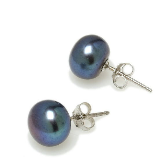 Sterling Silver Black Freshwater Button Pearl Stud Earrings