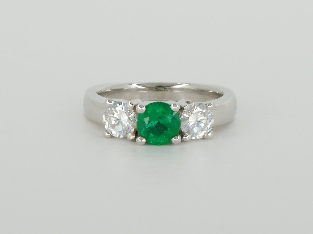Three Gem Moissanite Emerald Custom Ring Availabel at The Vault Fine Jewellery 