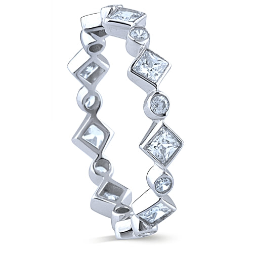 Sterling Silver Eternity Band with Alternating Princess and Brilliant Cut Cubic Zirconia