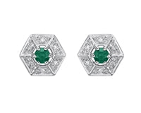 10K White Gold Genuine Emerald and Genuine Diamond Hexagon Earrings