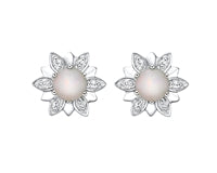 10K White Gold Flower Shaped Studs with Genuine Opal and Diamond