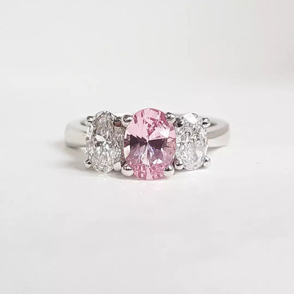 Platinum Pink Sapphire and Lab Created Diamond Trinity Ring